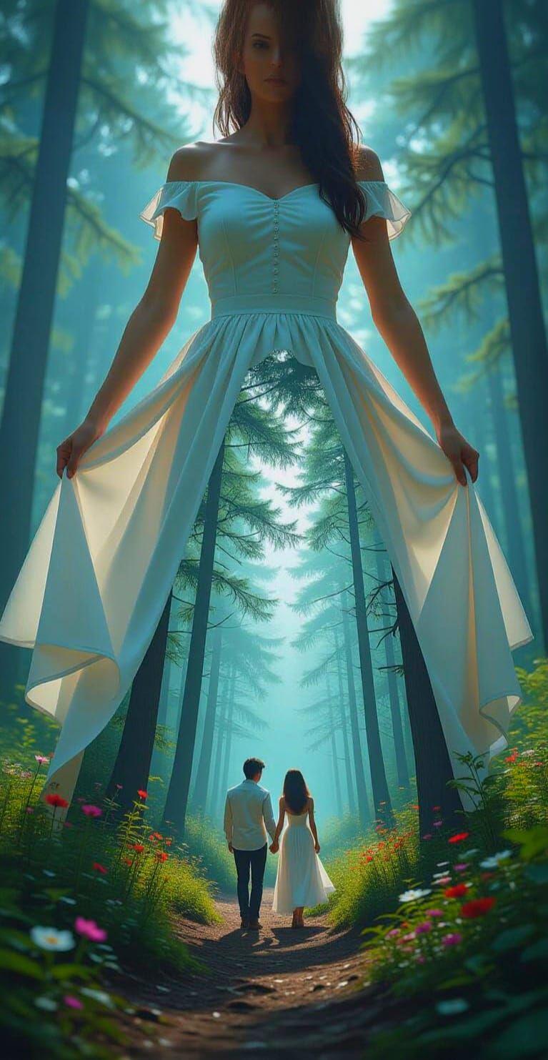 Double Exposure: Woman and Forest Scene in 3D