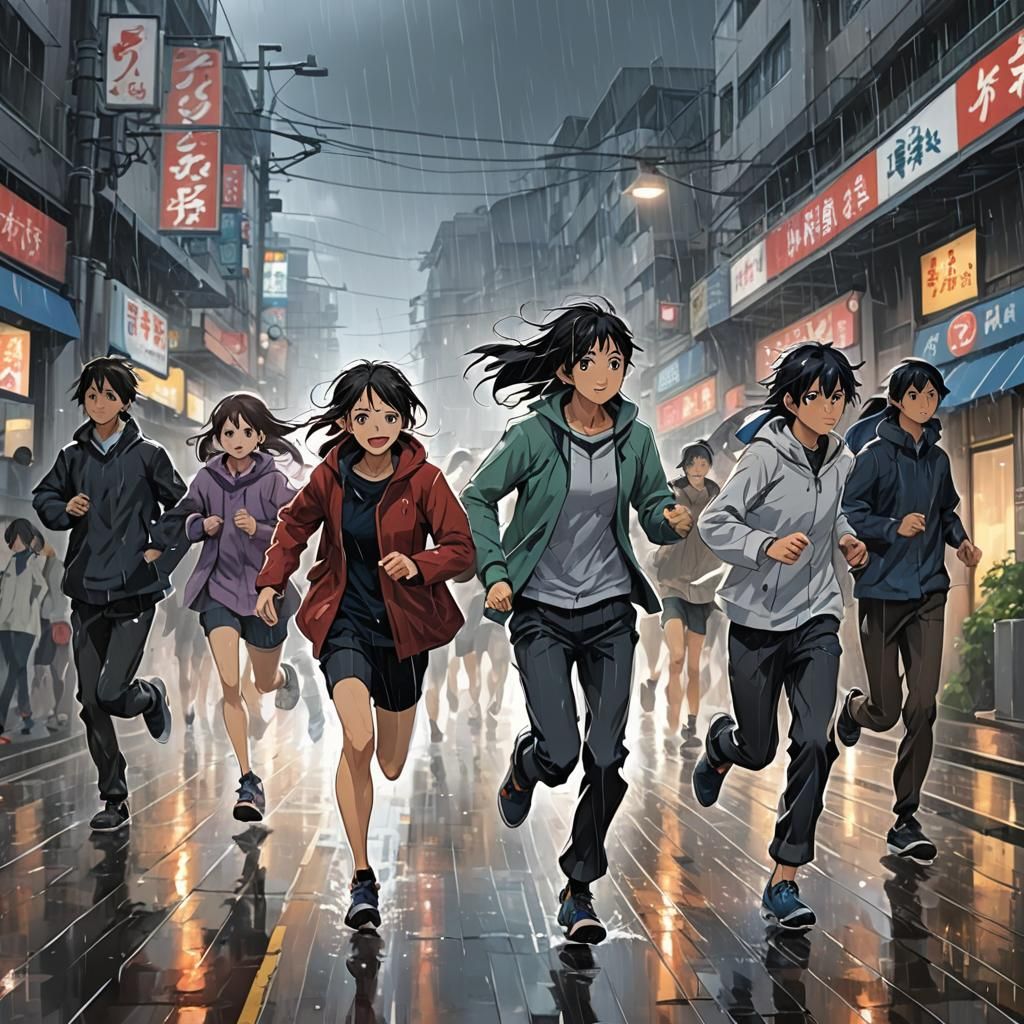 Anime Style People Running in the Rain