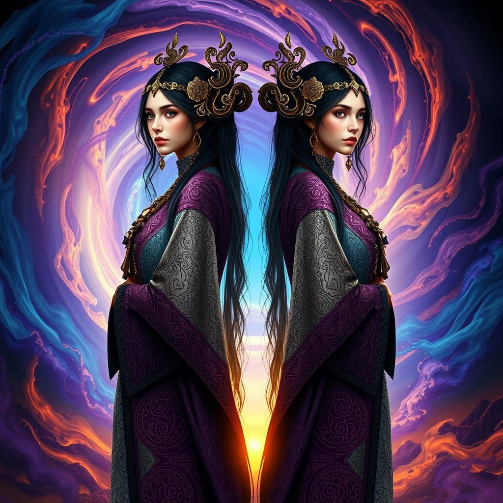 Ethereal Twin Goddesses in Celestial Vortex