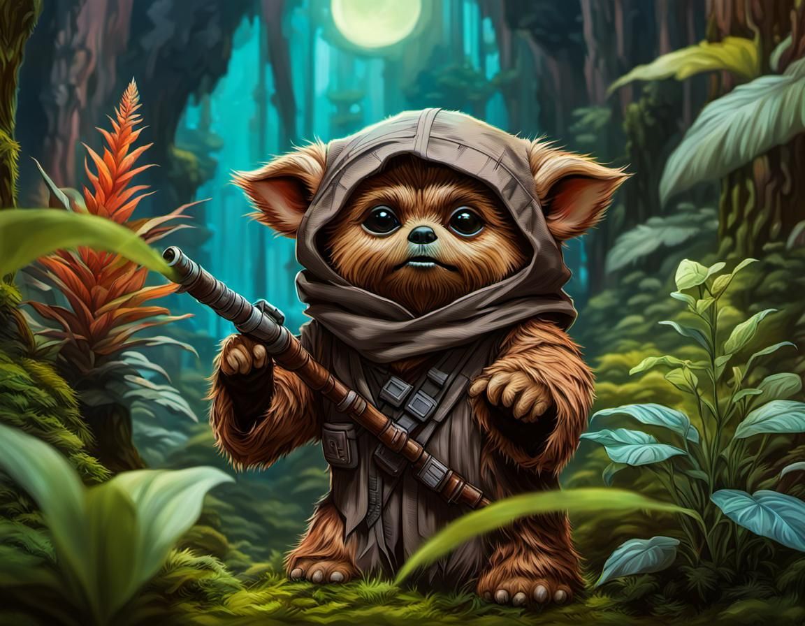 Ewok and Baby Yoda on Exotic Planet: Hyperrealistic Art