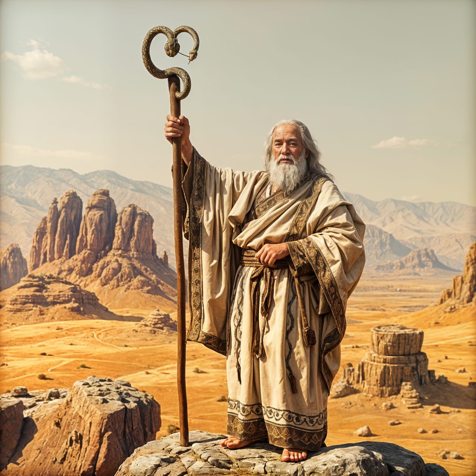 Ancient Moses Holds a Small Serpent on a Staff