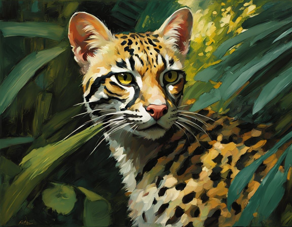 Vibrant Ocelot Portrait in Expressionist Oil Painting Style