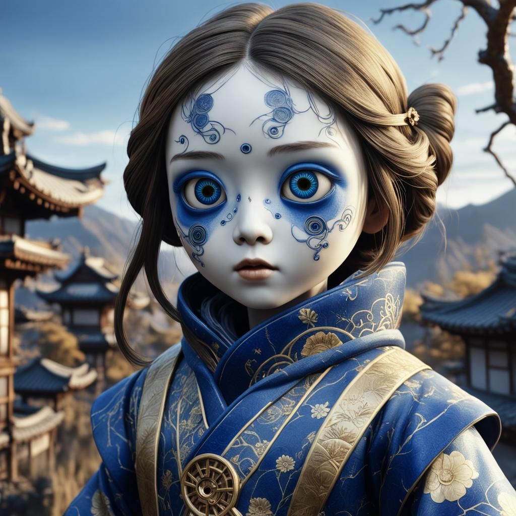 Kintsugi Doll with Googly Eyes in Post-Apocalyptic Sunrise