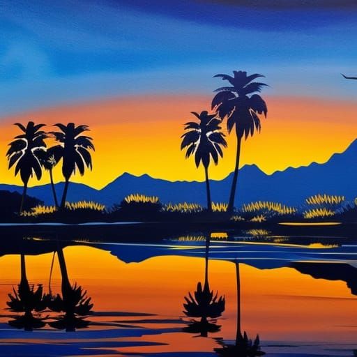 Swamp Sunset Travel Poster in Gouache Style