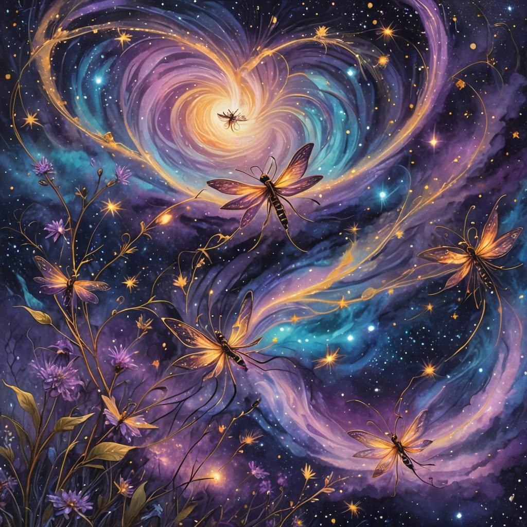 Cosmic Fireflies in Starry Night Sky Illustration