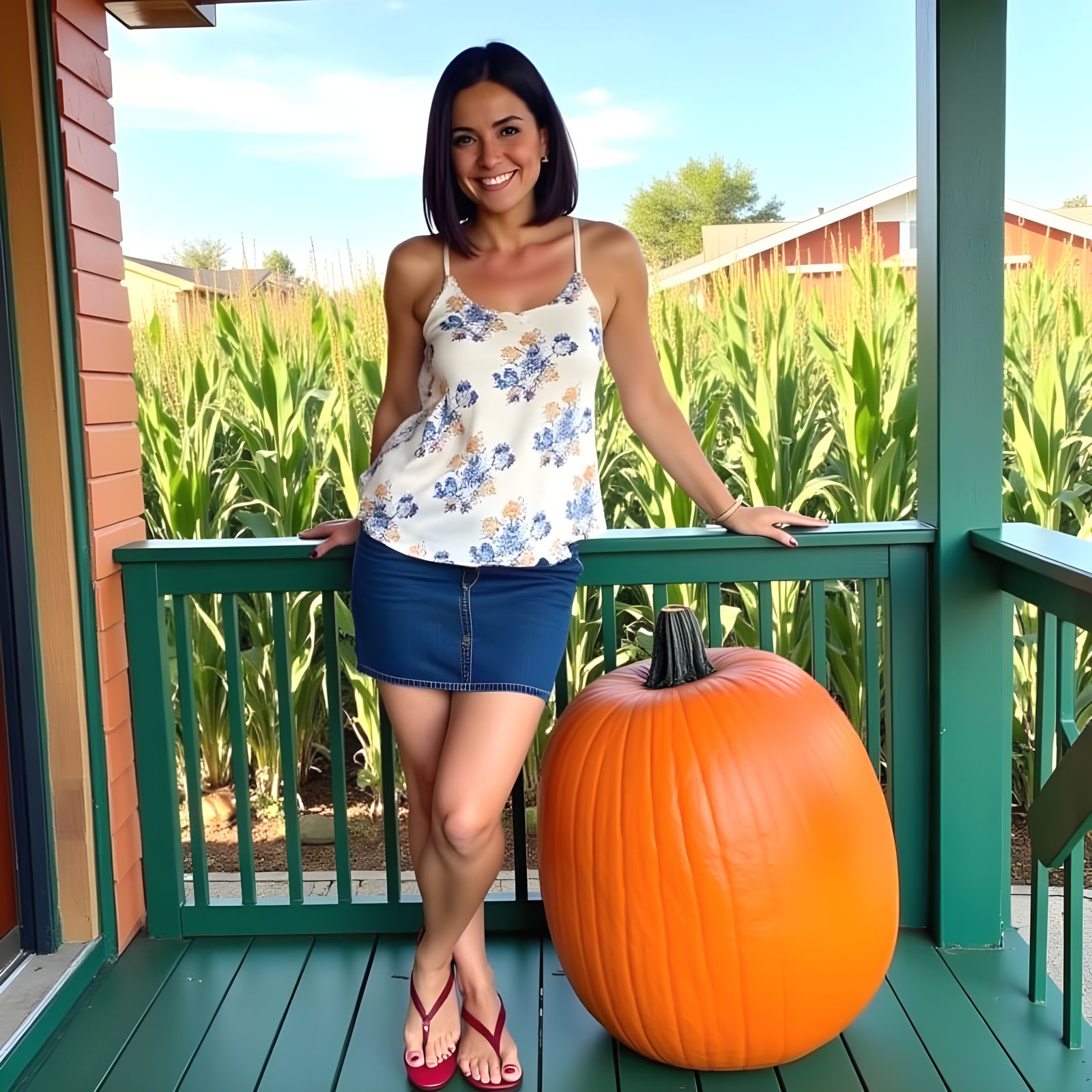 Cheerful Autumn Woman on Porch