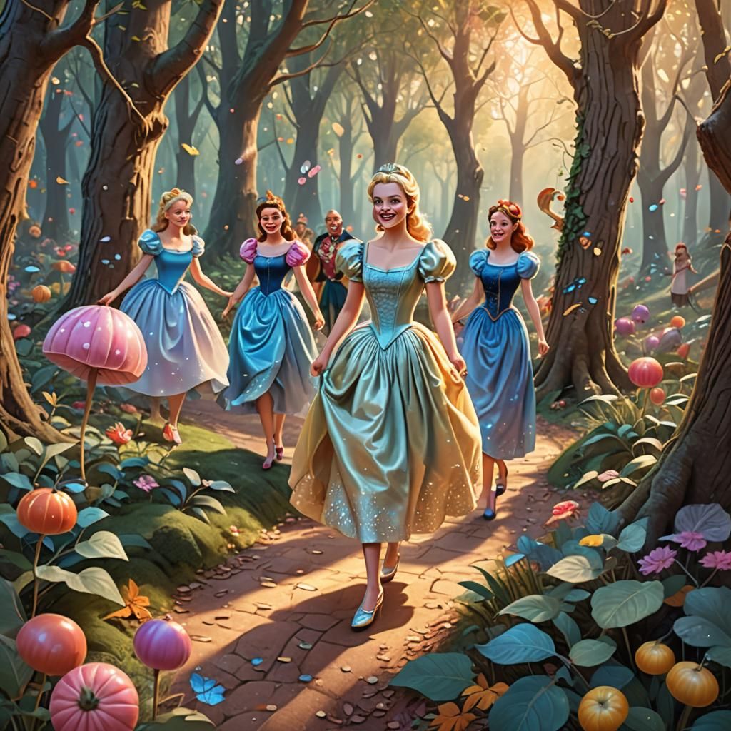 Cinderella and Dwarfs in Whimsical Forest, Digital Art