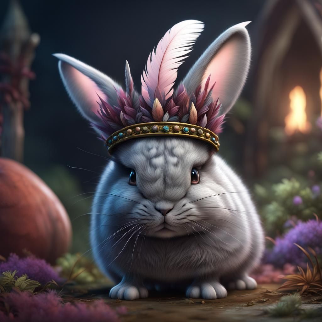 Feather Crowned Chinchilla Bunny: Fantasy Art