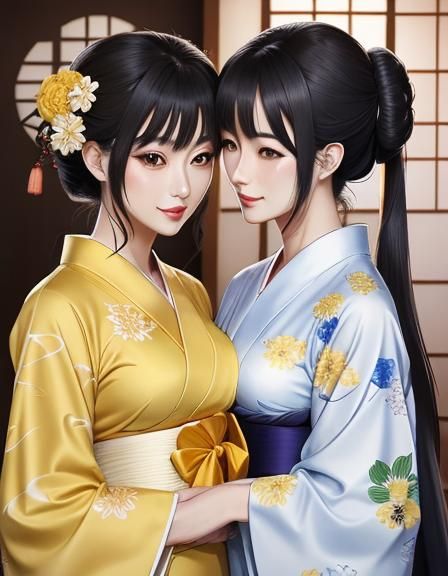 Elegant Girls in Yellow Yukata: Anime-Style Line Art