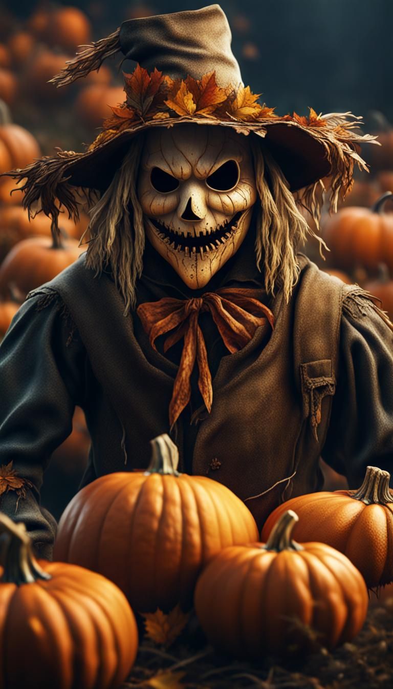 Horror Scarecrow with Pumpkin Face: Detailed Matte Painting