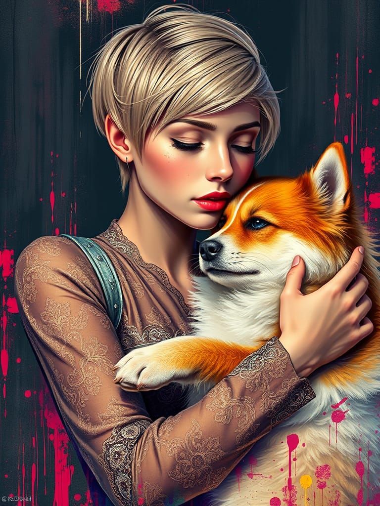 Girl and Dog Embrace in Vibrant Graffiti Art Style