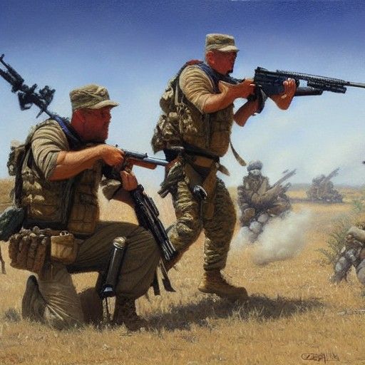 Intense Military Gunfight in Oil Painting Style