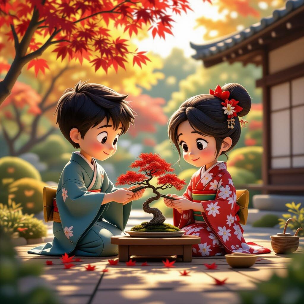 Pixar Style Japanese Children Tending Maple Bonsai Tree