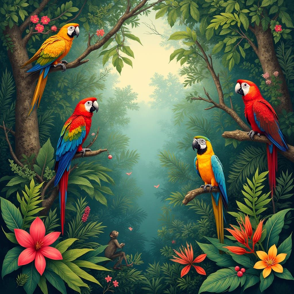 Tropical Rainforest Canopy in Whimsical Art Nouveau Style