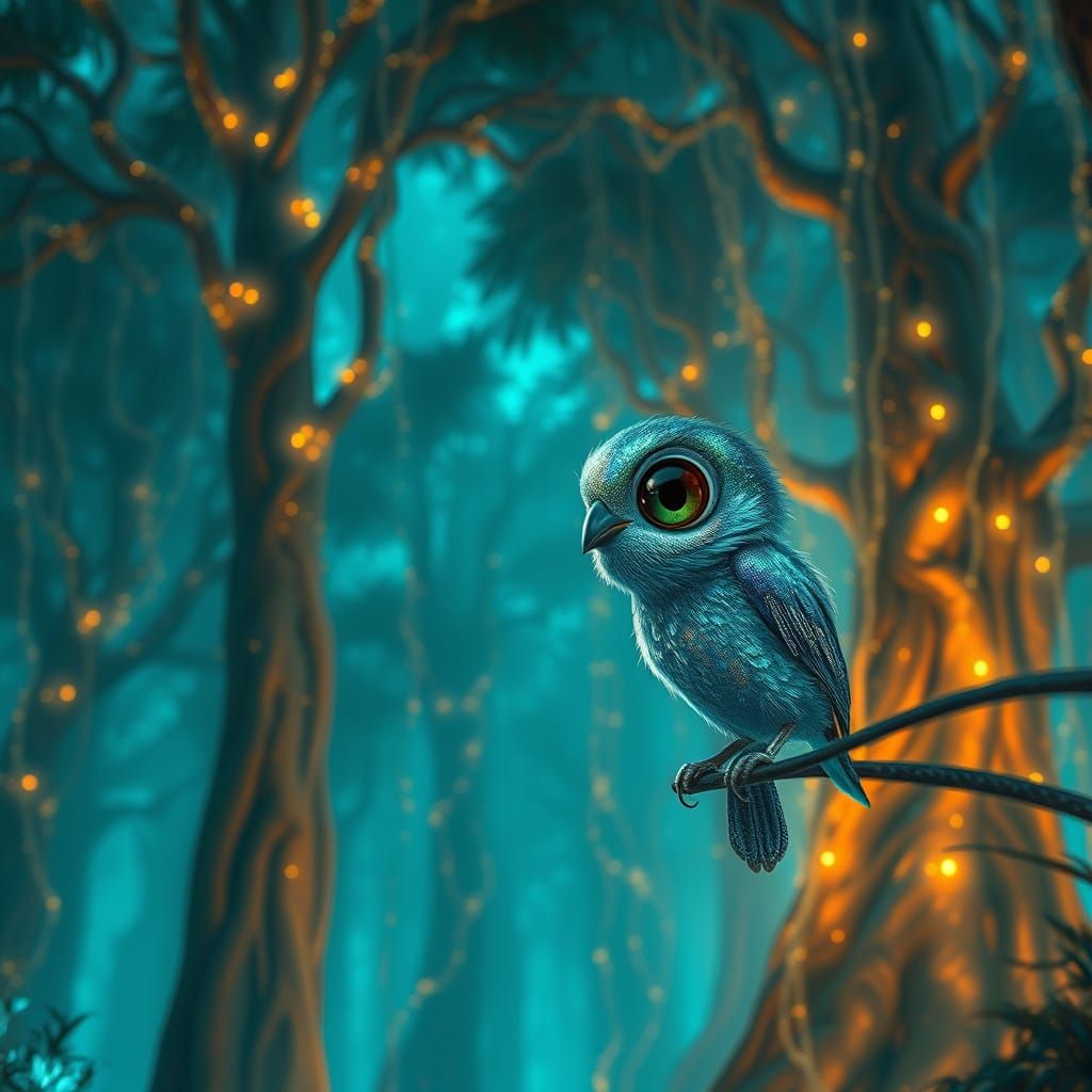 Ethereal Avian Guardian in Bioluminescent Forest