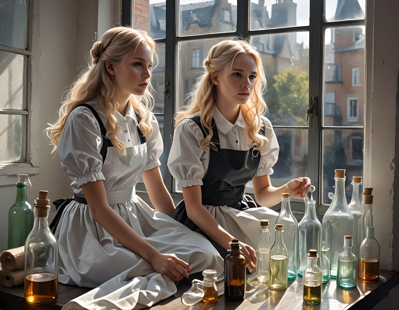 Blonde Maid Cleaning Bottles in Window Light