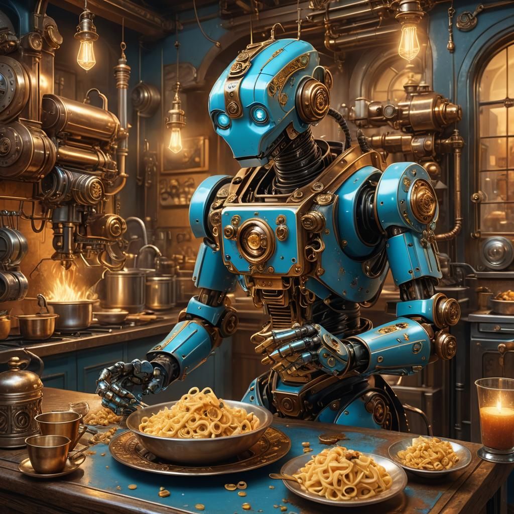 Steampunk Robot in Italian Kitchen, Digital Art