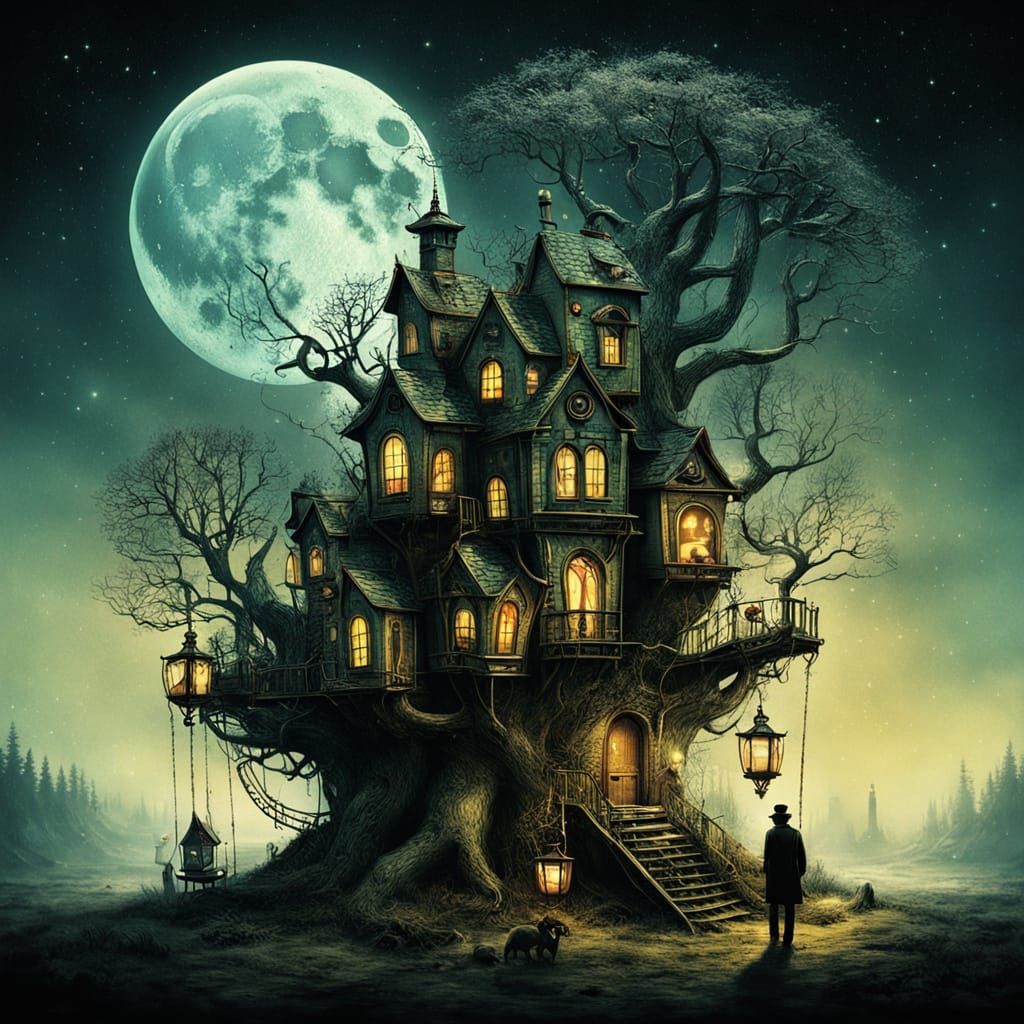 Steampunk Printing Press in Crescent Moon, Fantasy Illustrat...