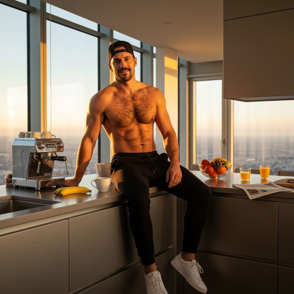 Muscular Man in Modern Kitchen at Dawn