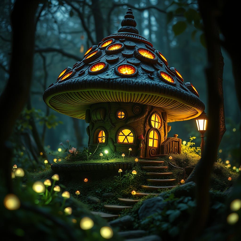 Mystical Mushroom Manor in a Bioluminescent Forest