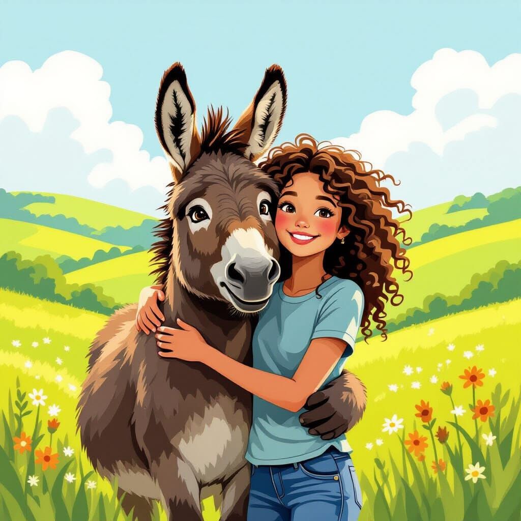 Girl Hugs Grinning Donkey in Sun-Dappled Meadow