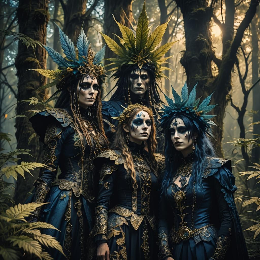 Gothic Human-Cannabis Hybrids in Dark Fantasy Attire