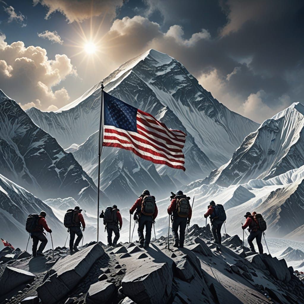Cinematic Digital Painting of Climbers at Mount Everest Summ...