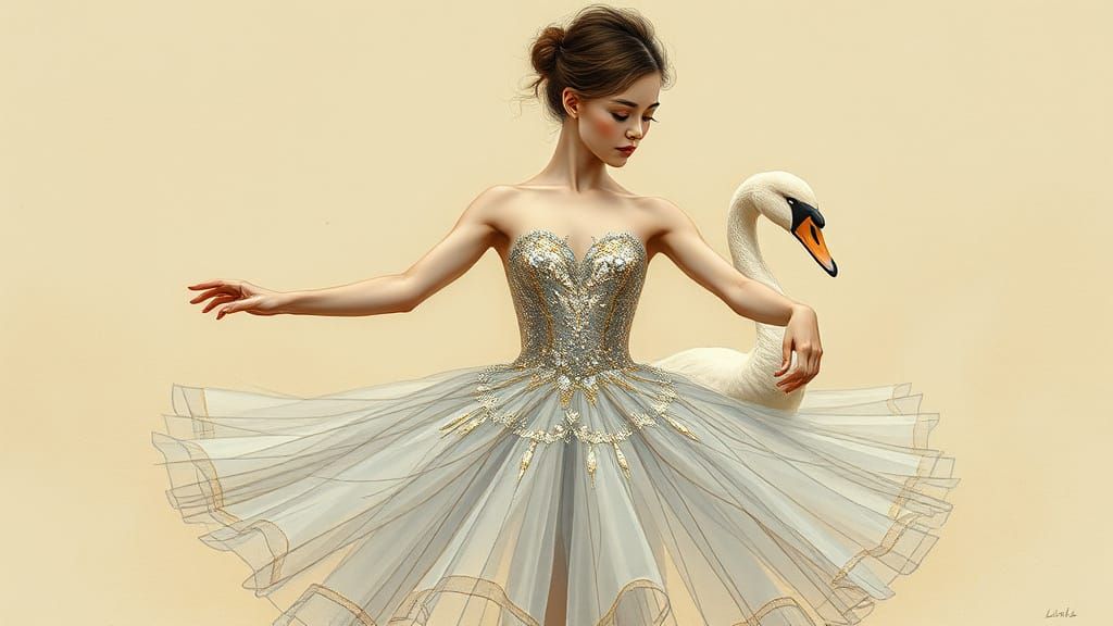 Ethereal Ballerina Dancing with a Cygnet in Soft, Muted Hues