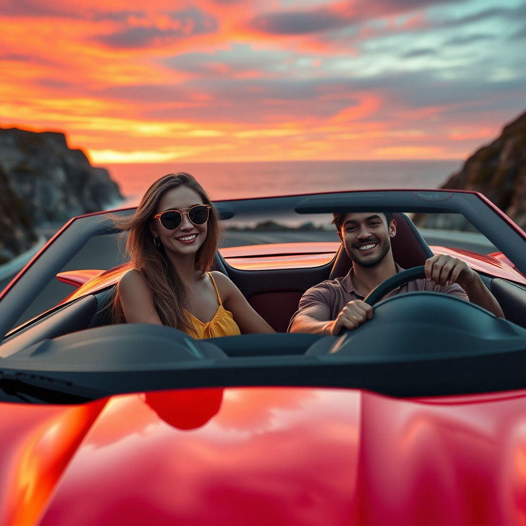 Coastal Sunset Drive in Cherry-Red Sports Car