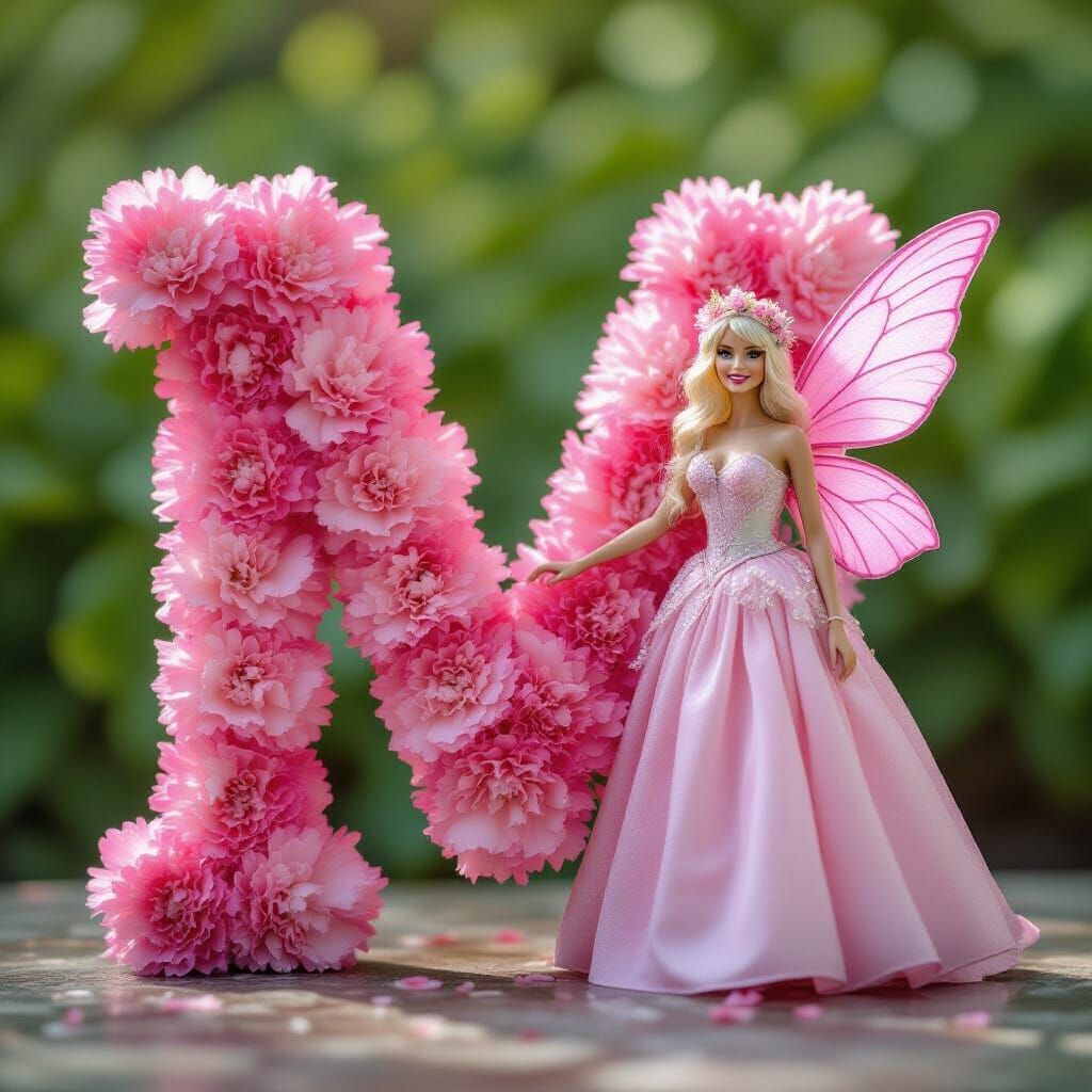 Pink Fairy Beside Pink Carnation Letter M