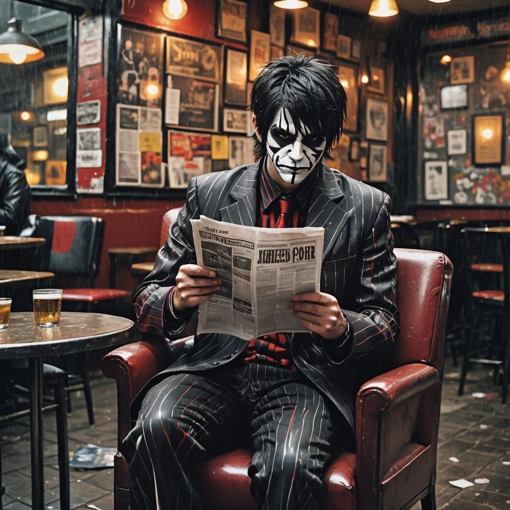 Emo Man Reading Newspaper in Rainy Pub