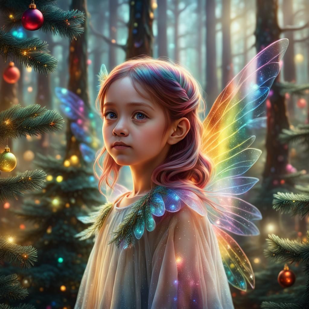 Rainbow Fairy Girl in Christmas Tree Forest