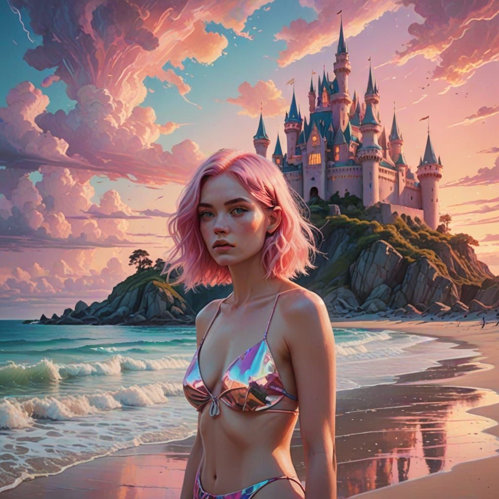 Vibrant Surreal Oil Painting of a Pink-Haired Woman in a Dre...