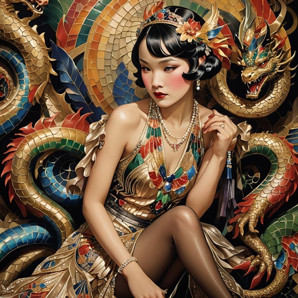 Art Deco Asian Woman with Dragon in 1920s Style