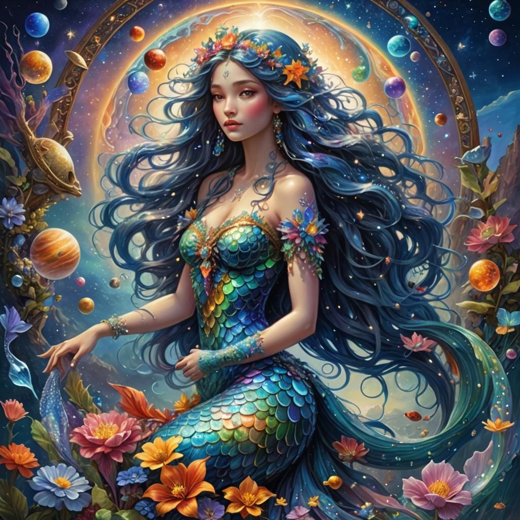 Rainbow Mermaid in a Maximalist Digital Painting