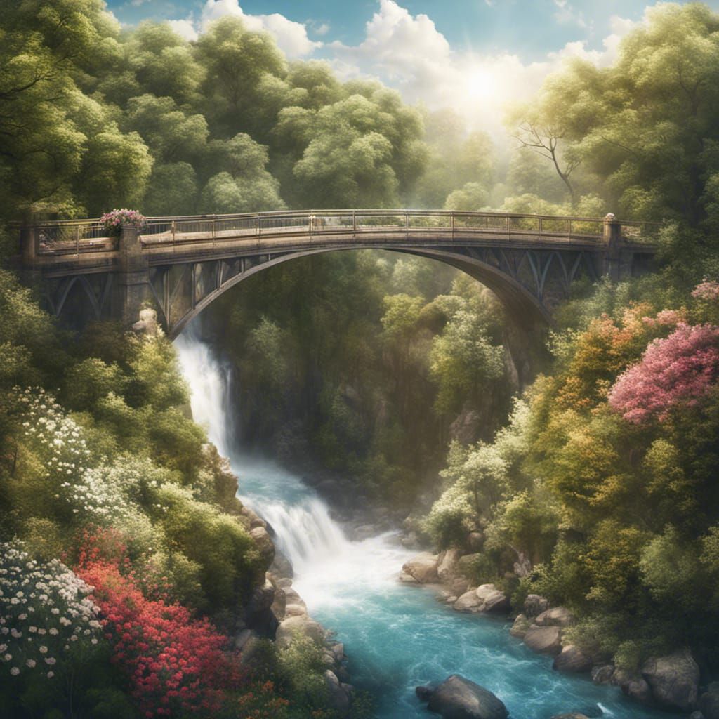 Picturesque Bridge Over Waterfall in Sunny Landscape