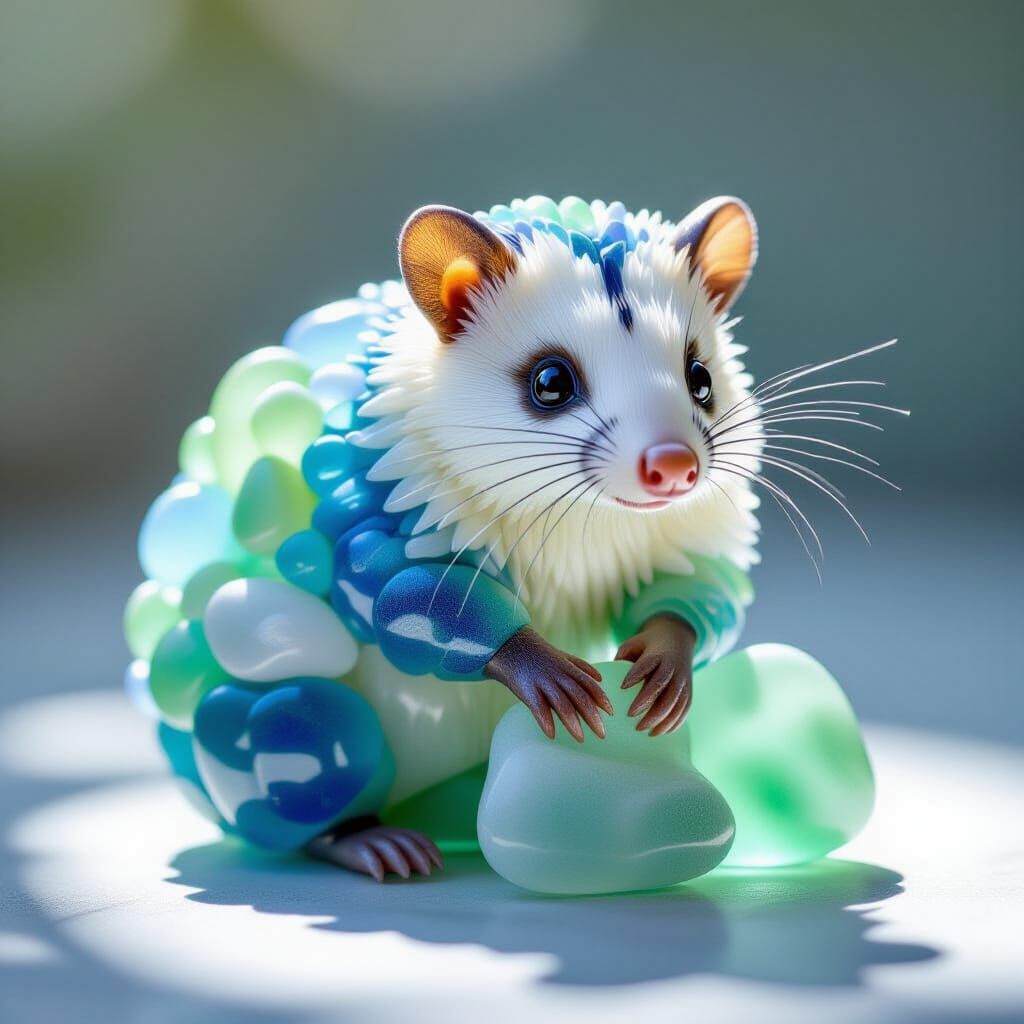 Opossum Sculpture Made of Colorful Sea Glass