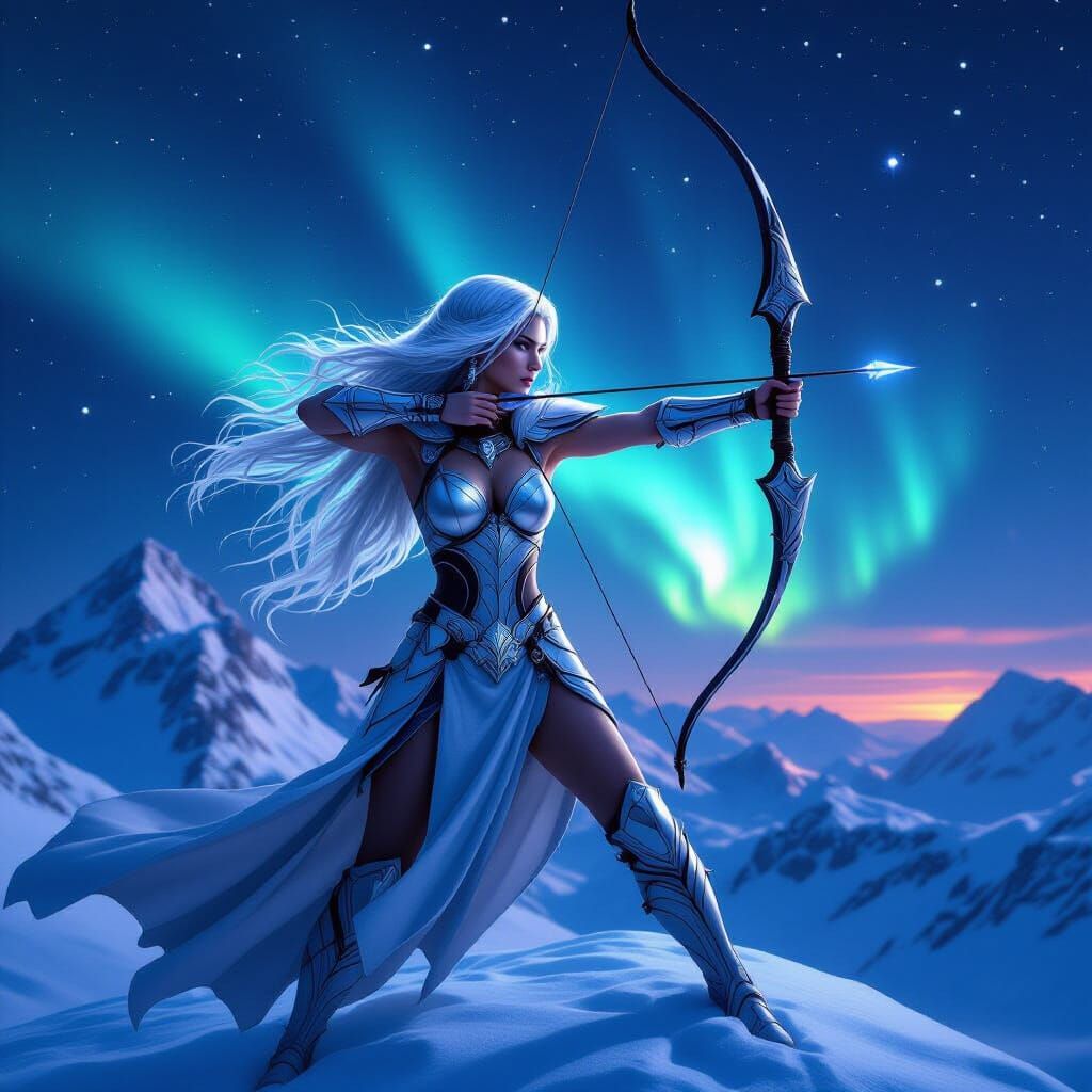 Celestial Huntress Aims Bow Under Aurora Borealis