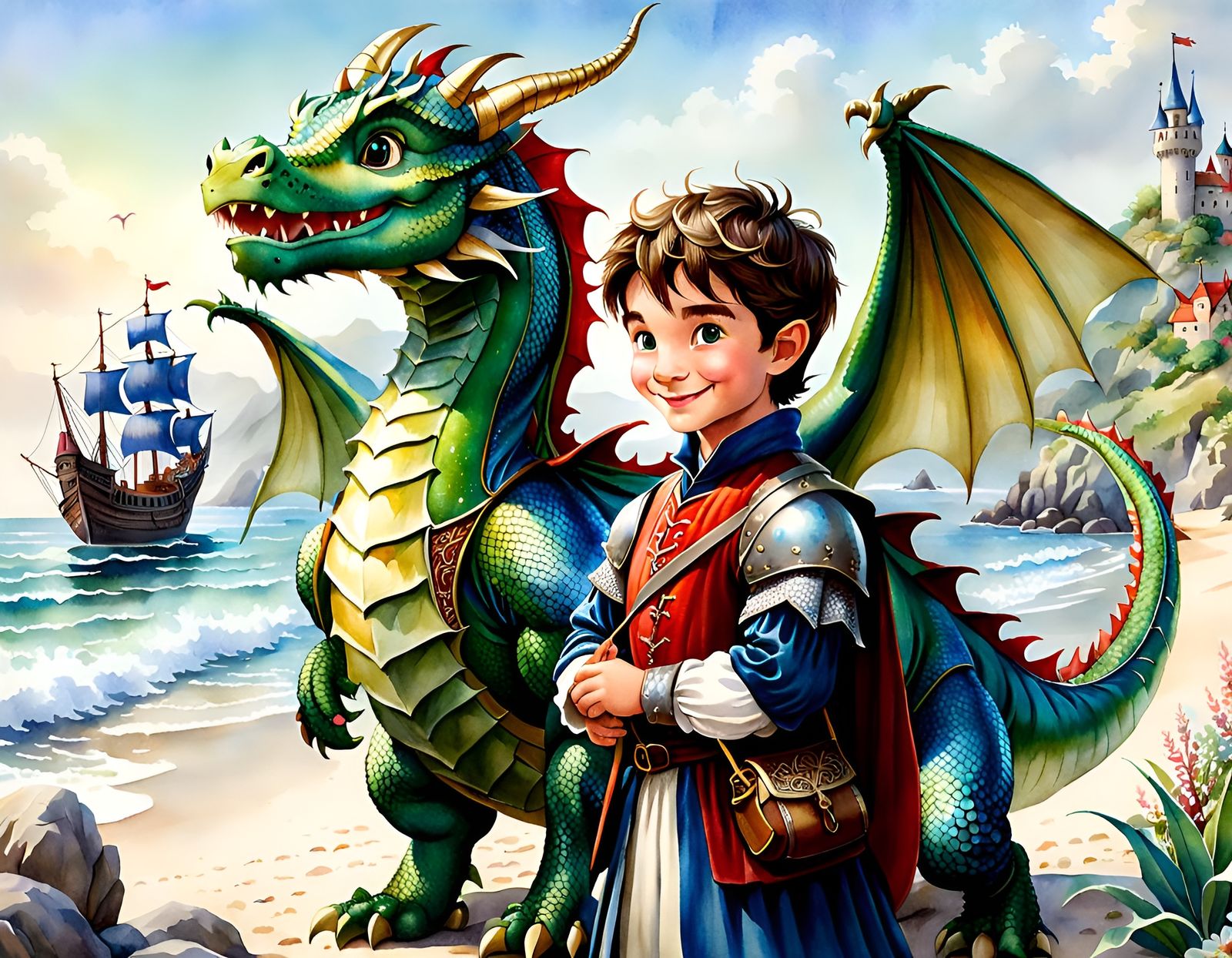 Adorable Puff the Magic Dragon Watercolor Illustration