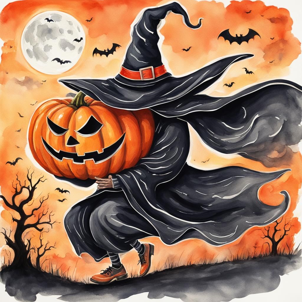 Una calabaza de Halloween con cara sonriente, fantasmas, murciélagos de fondo con ojos rojos, una bruja con su escoba vo...