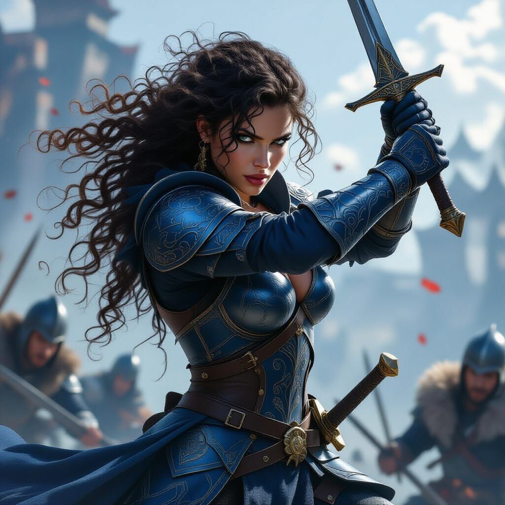 Victorious Kitiara in Dark Blue Armor