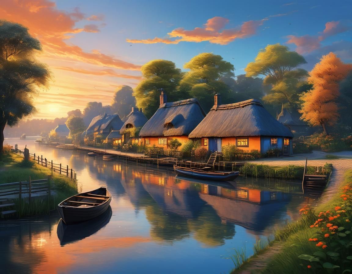 Picturesque Village at Sunset in Neo-Impressionist Style