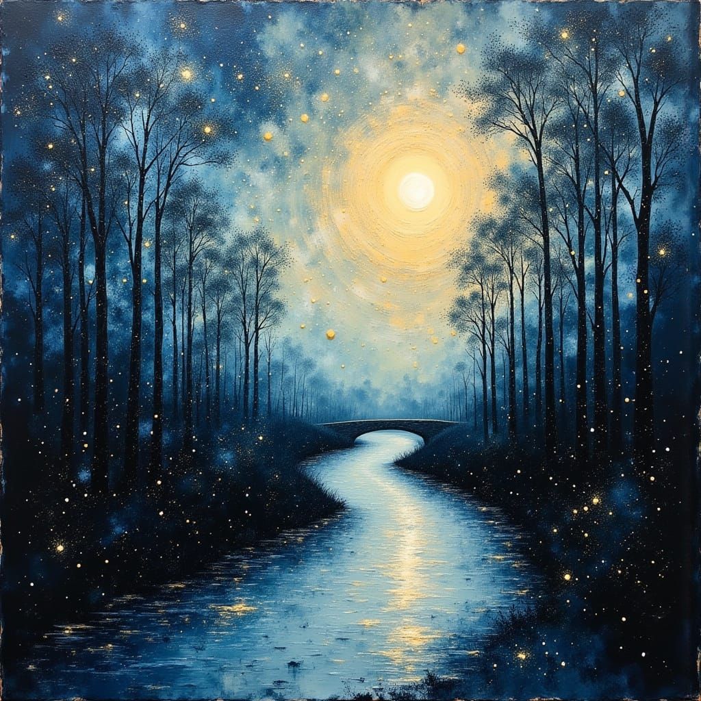 Celestial Nightscape Oil Painting with River and Moon