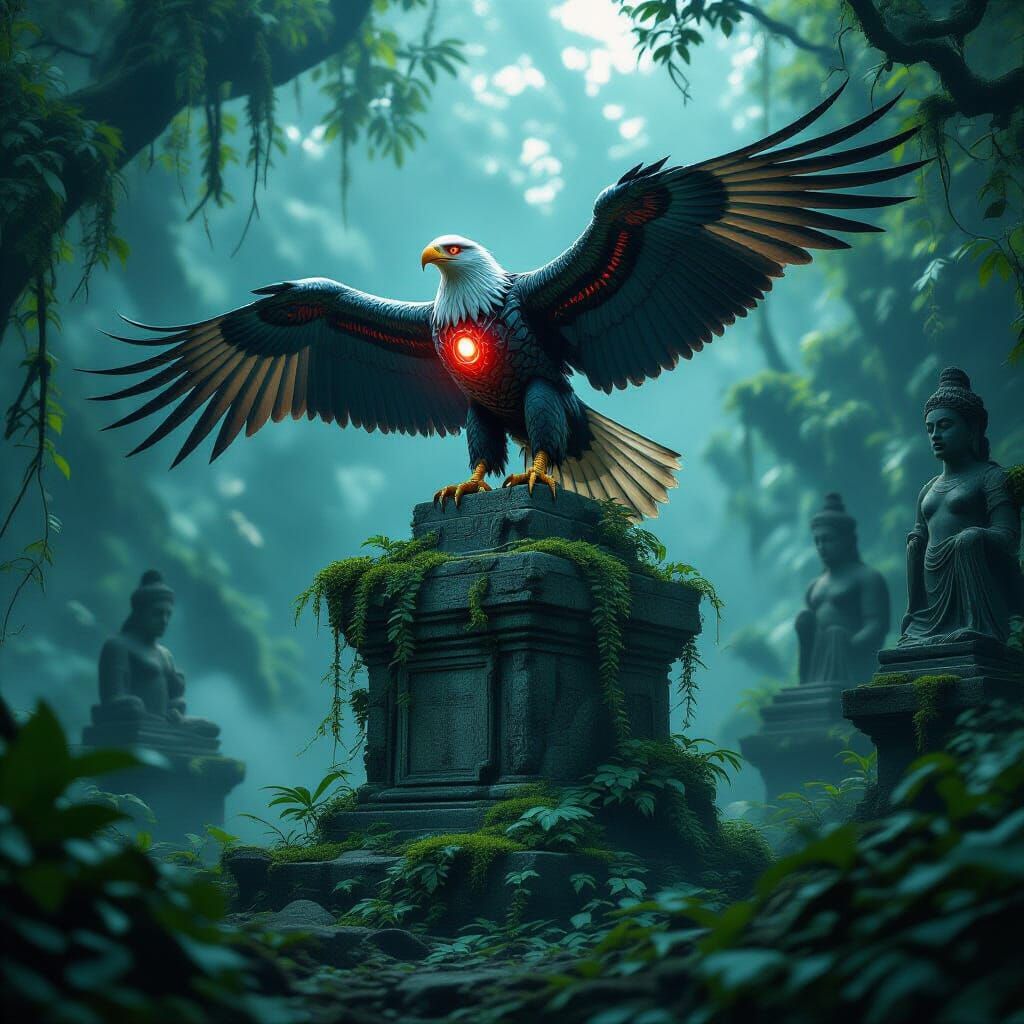 Cybernetic Eagle on Ruin in Mist-Shrouded Jungle