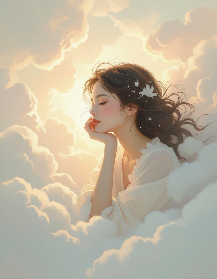 Ethereal Woman Contemplating in Dreamy Clouds