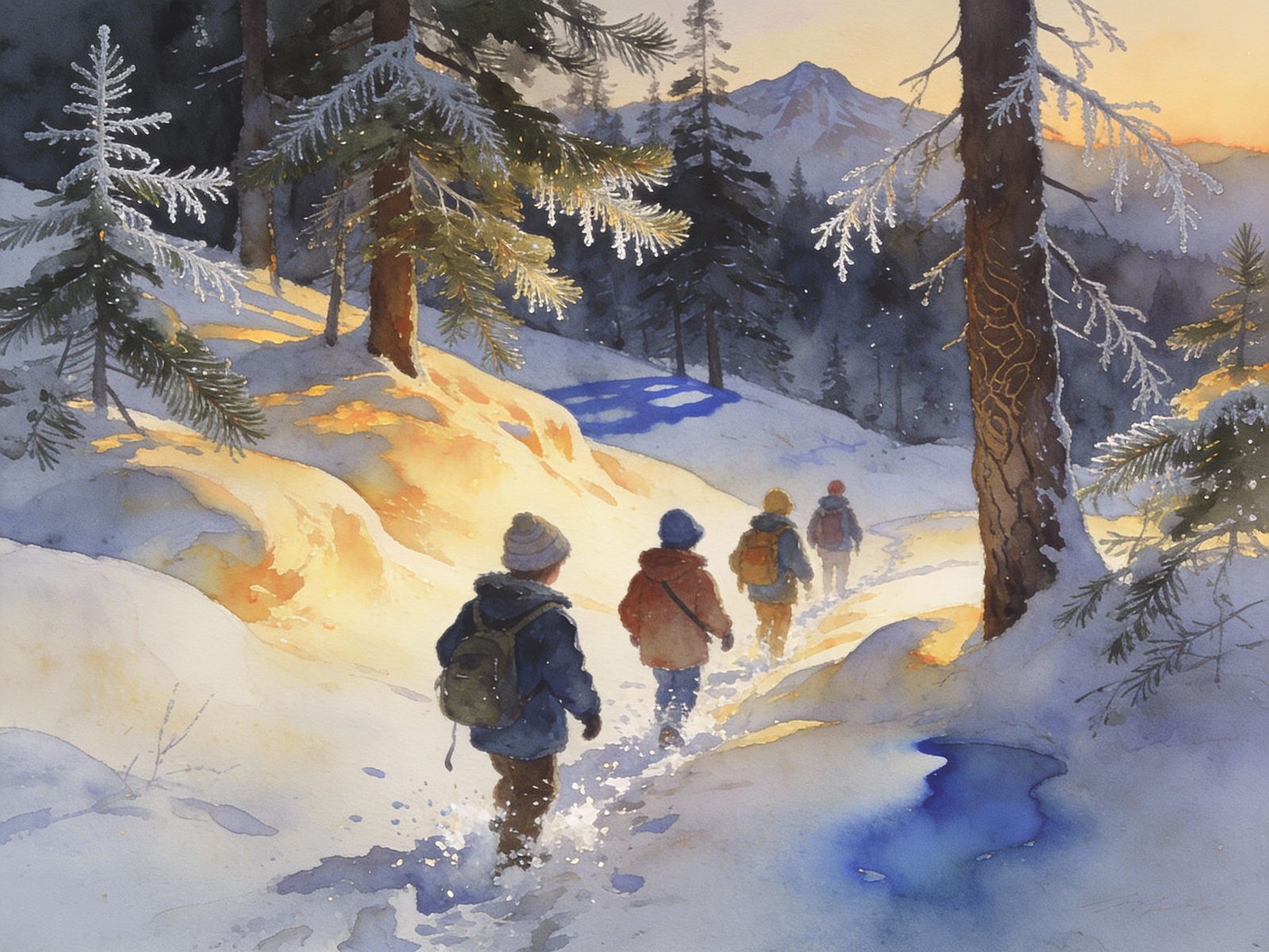 Children Hiking Snowy Forest At Dusk, Detailed Illustration