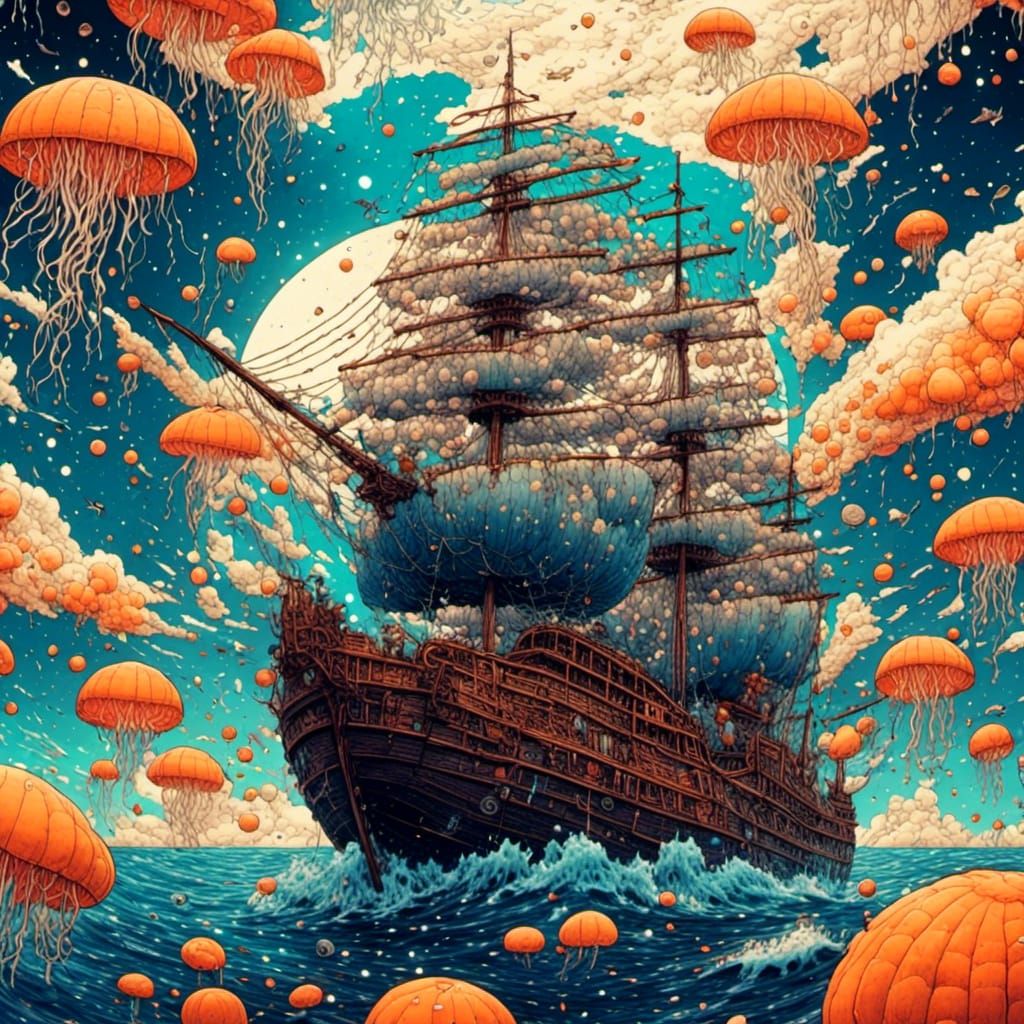 Old Ship and Sky Jellyfish in Anime Style