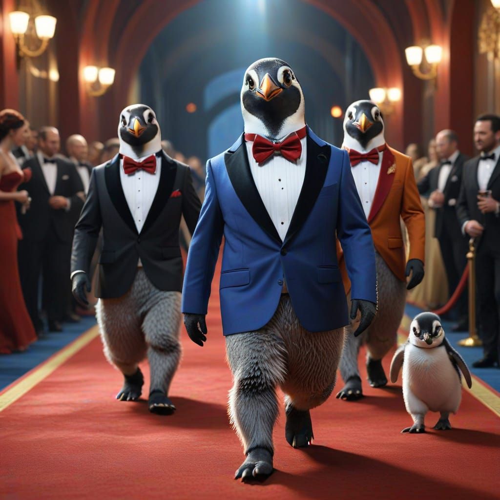 Penguins in Tuxedos Strut Down Red Carpet in Whimsical Fanta...