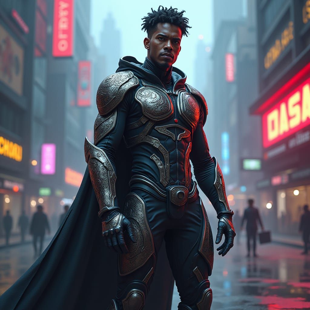 Futuristic Brazilian Warrior in Cyberpunk Cityscape