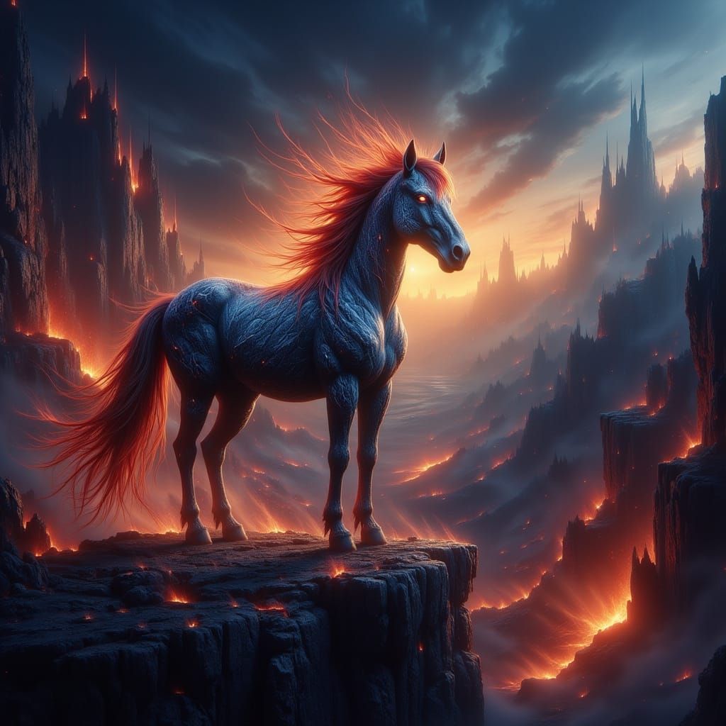 Fiery Kirin Overlooking Volcanic Landscape in Hyperrealistic...